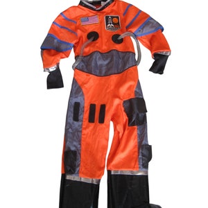 Astronaut Orange Costume w Helmet Child 5-6 Halloween Flight Suit USA Flag NASA