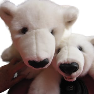 May include: Two plush polar bear stuffed animals. The bears have white fur, black eyes, and black noses. One bear is positioned above the other, with its head resting on the other bear's head. The bears appear to be soft and cuddly.