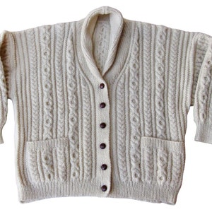 Vintage Hand Knit Irish Fisherman Aran Cardigan Sweater Women Sz XL Wool • Handmade in Ireland • St Patricks