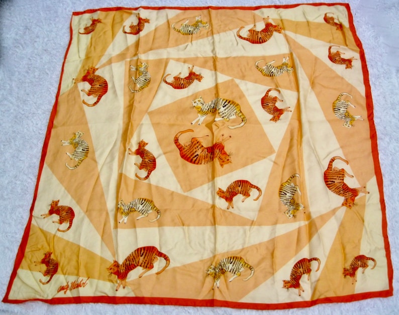 VTG Andy Warhol Silk Scarf Cats Orange Coral 35 Square image 0