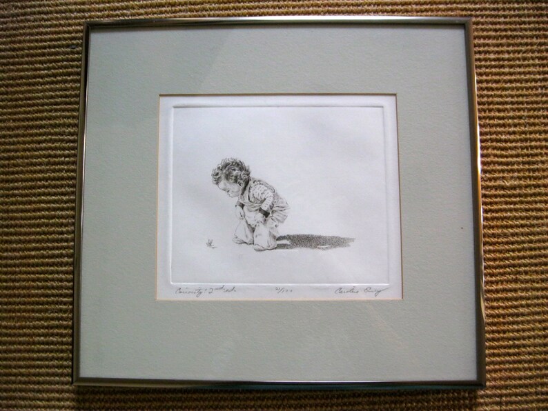 Caroline Erney Drypoint Etching Baby and Butterfly \u2022 Curiosity \u2022 Titled Signed Framed