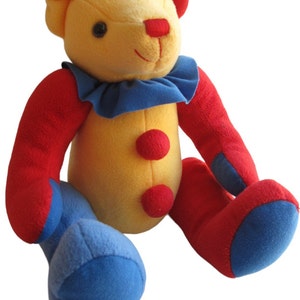 Vintage Clown Teddy Bear Primary Colors Red Blue Yellow Jointed Plush 12"