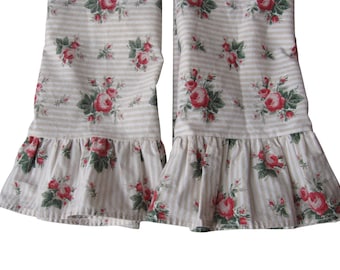Ralph Lauren Marseilles 2 Standard Pillowcases Tan Stripe w Roses Ruffled • Cottage Floral • Made in the USA