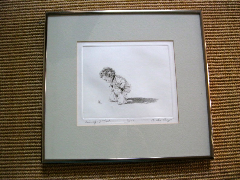 Caroline Erney Drypoint Etching Baby and Butterfly \u2022 Curiosity \u2022 Titled Signed Framed