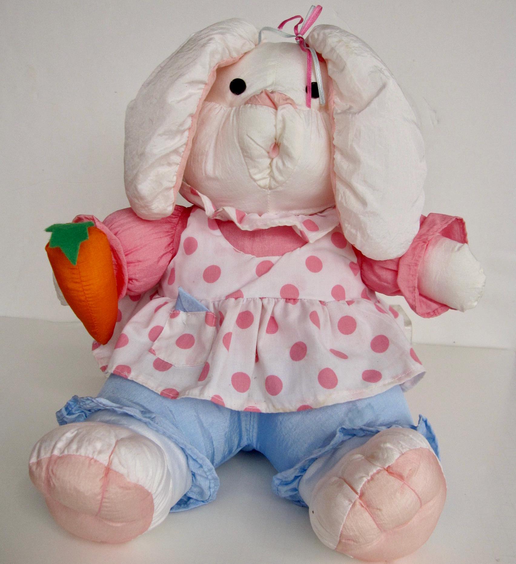Vintage 80s Parachute Nylon Plush Bunny in Dress W Carrot