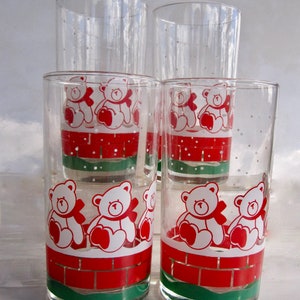 Vintage 4 Teddy Bear Christmas Drinking Glasses Red Green Bricks Nadir Figueiredo • Made in Brazil