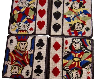 Vintage Needlepoint King Queen Jack Playing Card Coaster Set of 4 Petit Point • Handmade