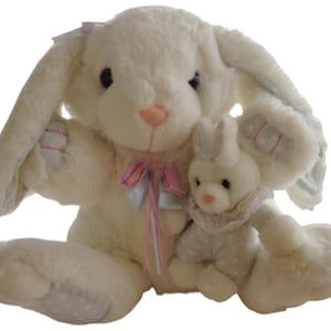 Vintage Y2K Dan Dee White Plush Easter Bunny Holding Baby Rabbit • Polka Dot Ears