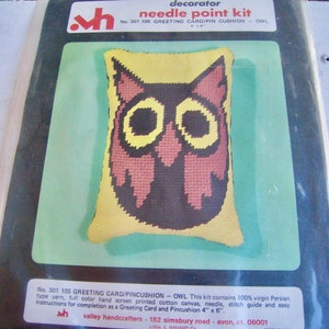 May include: A needlepoint kit to make a 4" x 6" owl-shaped pincushion or greeting card. The kit includes 100% virgin Persian yarn, a full-color hand-screen printed cotton canvas, a needle, a stitch guide, and easy instructions for completion. The kit is made by Valley Handcrafters, 152 Simsbury Road, Avon, CT 06001.