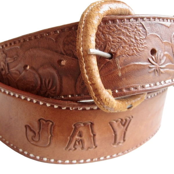 Vintage Western Belt Brown Saddle Leather Tooled w Name JAY Horses • Size 42 • Cowboy Rockabilly Viva Las Vegas • Made in Mexico