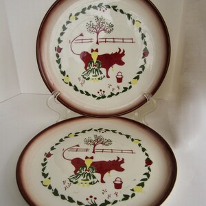 Vintage 50s Brock Pottery California Harvest 2 Salad Plates Girl Milking Cow • Farmhouse • Made in California, USA
