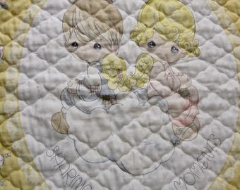 Vintage 80s Precious Moments Baby Quilt Boy & Girl Angels Yellow • Handmade in the USA