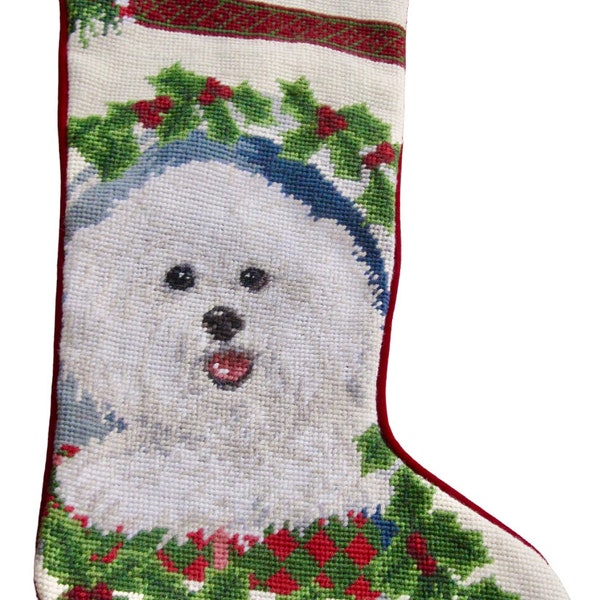 Needlepoint Christmas Stocking Bichon Frise White Dog  • Red Velvet Backing • Personalized Name Bear • Vintage