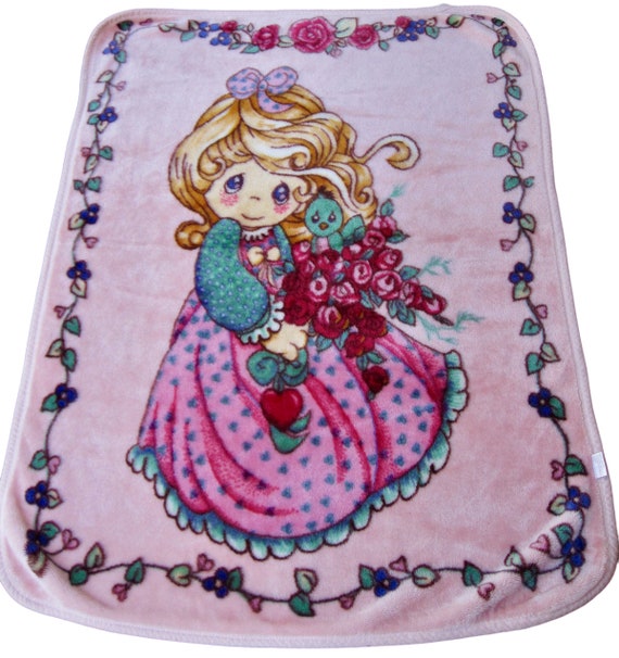 Vintage 90s Precious Moments Pink Plush Throw Blanket Girl W Hearts Flowers Bird Novatex Etsy Canada