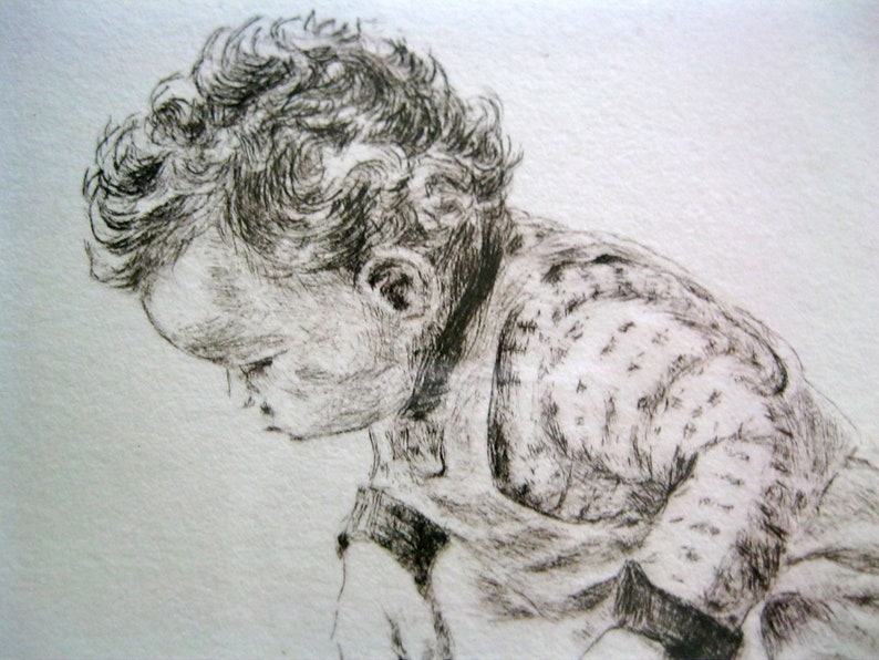 Caroline Erney Drypoint Etching Baby and Butterfly \u2022 Curiosity \u2022 Titled Signed Framed
