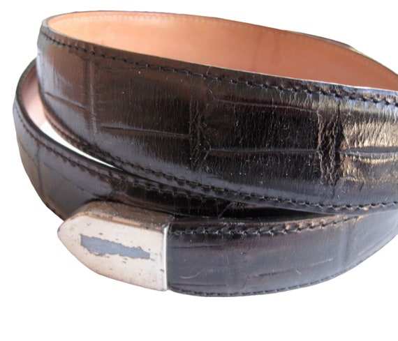 VTG Onyx Black Leather Belt Croc Grain Silver Tone Western  display picture 2