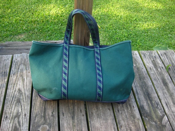 VTG LL Bean Tote Bag Navy and Green Boat Tote • La