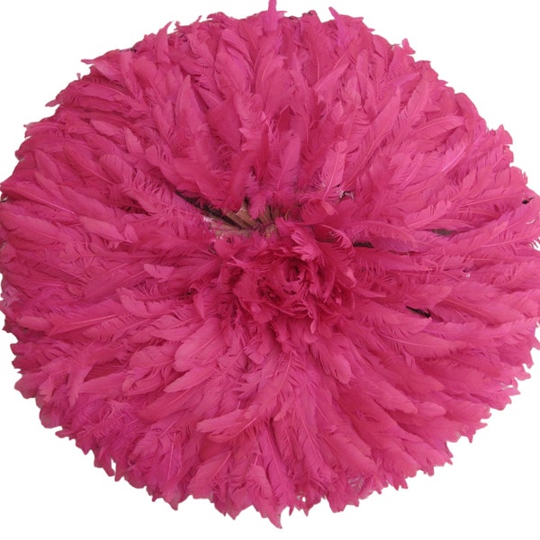 JUJU Bamileke Hat Large 21" Bright Pink Feather Round Wall Art • Handmade in Cameroon Africa