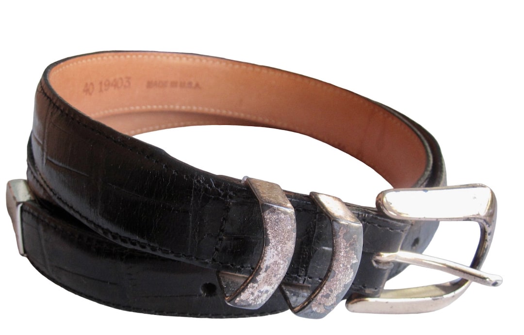 VTG Leegin ONYX Black Croc Stamped Leather Belt  Gold Buckle 34.5-42” Holes VTG Onyx Black Leather Belt Croc Grain Silver Tone Western  main image 4