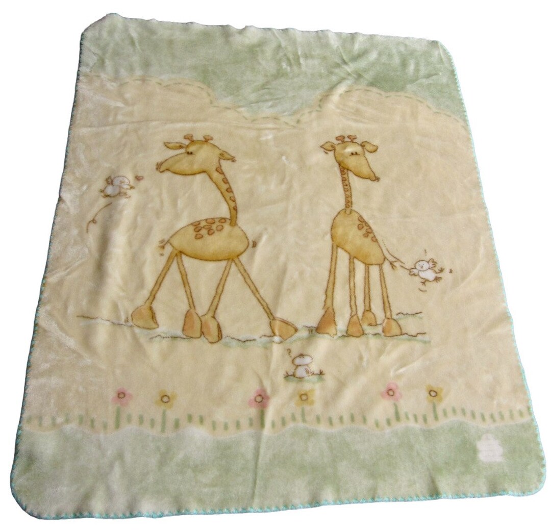 Vintage 90s Rasilan Yellow Plush Baby Blanket Giraffes & Birds MADE IN