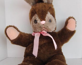 Vintage 80s Elka Plush Brown Bunny Rabbit w Pink Nose 20” Stuffed Animal EASTER