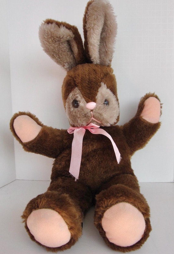 Vintage 80s Elka Plush Brown Bunny Rabbit W Pink Nose 20” Stuffed
