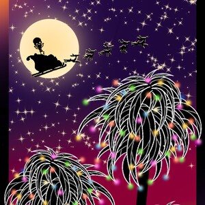 May include: A digital illustration of three palm trees with colorful lights strung on them. The trees are silhouetted against a purple and red gradient sky with a full moon and stars. A skeletal figure is flying in a sleigh pulled by reindeer in front of the moon.