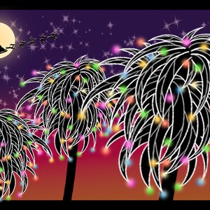 May include: Three palm trees decorated with colorful lights against a purple and orange night sky. A silhouette of Santa Claus in a sleigh with reindeer flies across the moon.