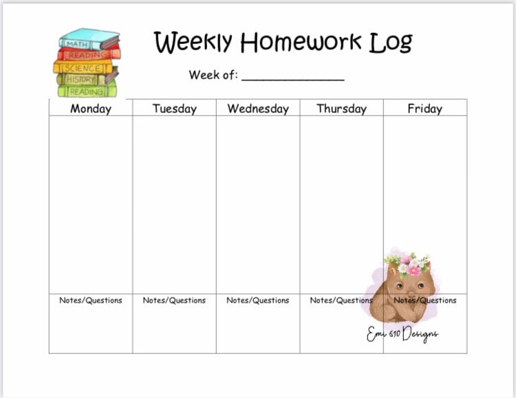 Weekly Homework Log Printable (Download Now) Etsy Weekly Homework Log Printable (Download Now) Etsy