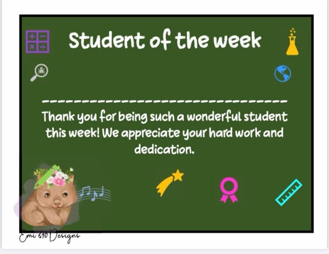 Student Of The Week Certificate Chalkboard Etsy