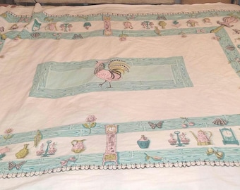 Vintage keukentafelkleed uit de jaren 1950 met pastelkleurige haan. Oma kern. Zeer mooie staat