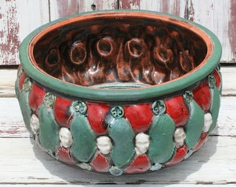 Handmade Raku Bowl: Red Turquoise Skull Pottery, Decorative Centerpiece