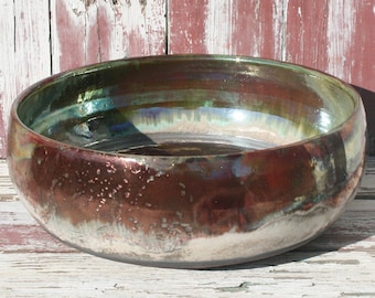 Large Decorative Red Copper to White Crackle Raku Bowl, Handmade Decorative Bowl, Unique Wheel Thrown Decorative Pottery