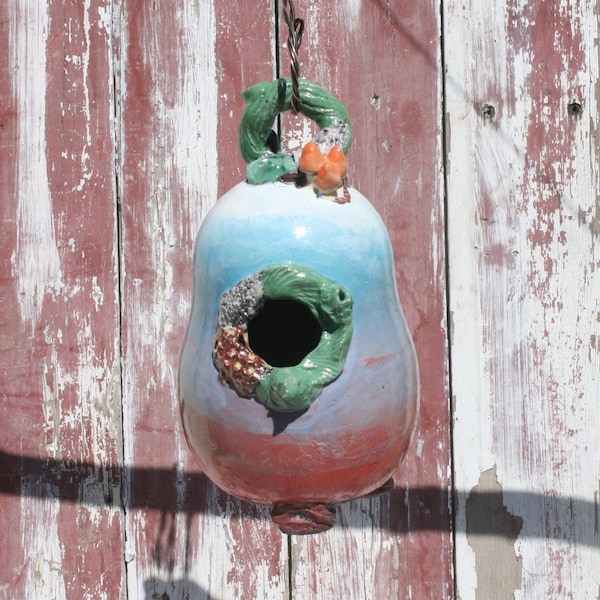 Birdhouse, Multi-Colored Rainbow Ceramic Birdhouse #07, Metallic Ceramic Raku Birdhouse, Hanging Pottery Birdhouse