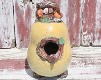 Birdhouse, Yellow and Copper Raku Birdhouse #02, Metallic Ceramic Raku Birdhouse, Hanging Pottery Birdhouse