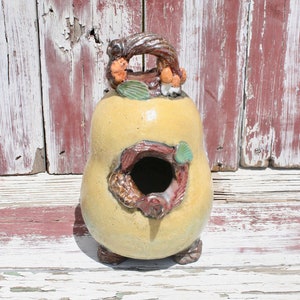 Birdhouse, Yellow and Copper Raku Birdhouse #02, Metallic Ceramic Raku Birdhouse, Hanging Pottery Birdhouse