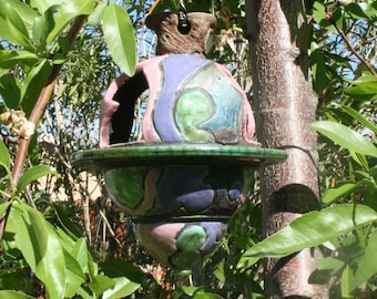Bird Feeder, Ceramic Lantern, Hanging Purple and Pink Bird Feeder BF #11, Upscale Patio and Garden Decor, Creative Lighting Solution