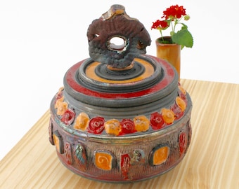 Handmade Red and Copper Raku Jar #03, Ceramic Raku Jar, Lidded Pottery Jar