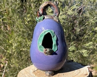 Birdhouse, Purple and Aqua Green Ceramic Raku Birdhouse #13, Stoneware Birdhouse, Hanging Pottery Birdhouse, Unique Home Decor