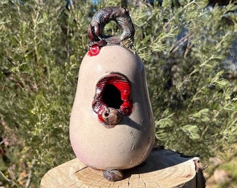 Birdhouse, Light Pink and Red Raku Birdhouse #09, Ceramic Birdhouse, Hanging Pottery Birdhouse