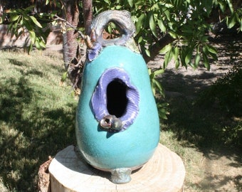 Birdhouse, Aqua Blue and Purple Raku Birdhouse #08, Ceramic Birdhouse, Hanging Pottery Birdhouse