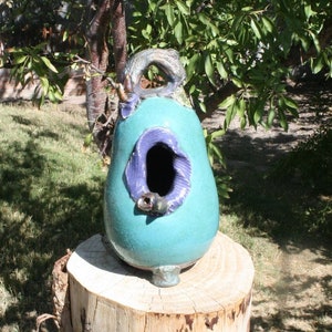 Birdhouse, Aqua Blue and Purple Raku Birdhouse #08, Ceramic Birdhouse, Hanging Pottery Birdhouse