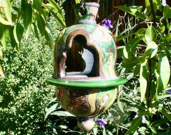 Bird Feeder, Ceramic Lantern, Hanging Green and Copper Bird Feeder BF #09, Upscale Patio and Garden Decor, Creative Lighting Solution