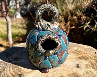 Fågelholk, Blå och grön Raku fågelholk #01, Keramisk fågelholk, Hängande keramikfågelholk