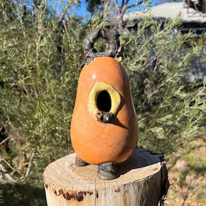 May include: A ceramic birdhouse shaped like a pear with a round opening for birds to enter. The birdhouse is painted in shades of orange and yellow and has a small, dark brown handle on top.