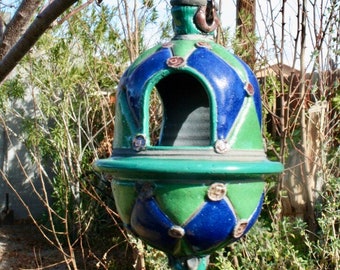 Bird Feeder, Ceramic Lantern, Hanging Blue and Green Bird Feeder BF #06, Upscale Patio and Garden Decor, Creative Lighting Solution