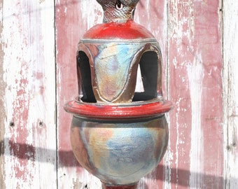 Large Bird Feeder, Ceramic Lantern, Hanging Matt Copper and Red Bird Feeder #15, Unique Patio and Garden Decor, Outside Lighting For Parties