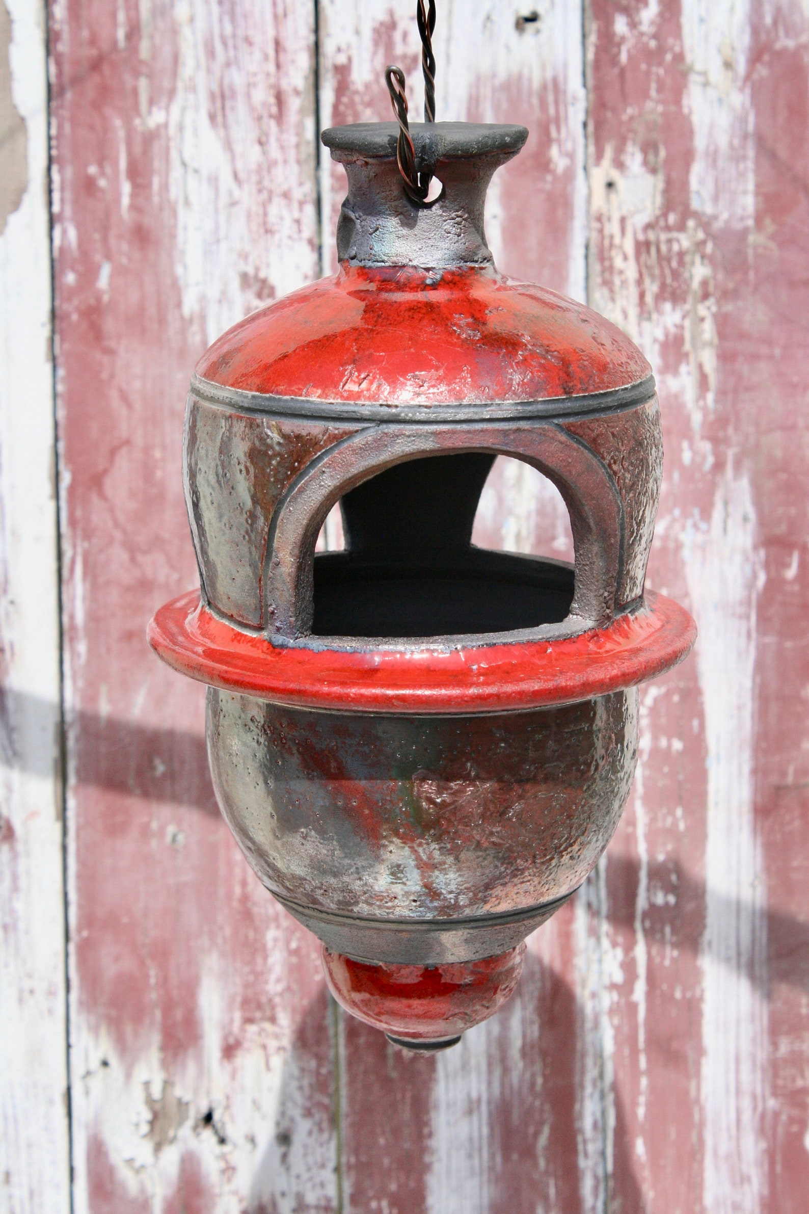 Large Bird Feeder Ceramic Lantern Hanging Copper and Red Etsy