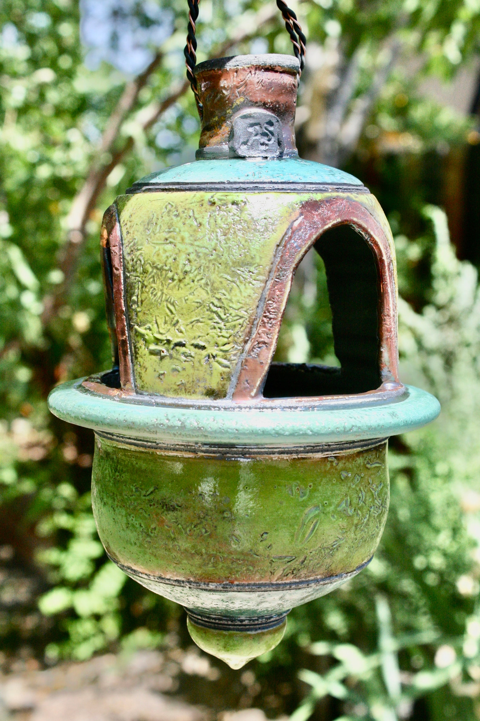 Bird Feeder Ceramic Lantern Hanging Apple Green and Blue Etsy