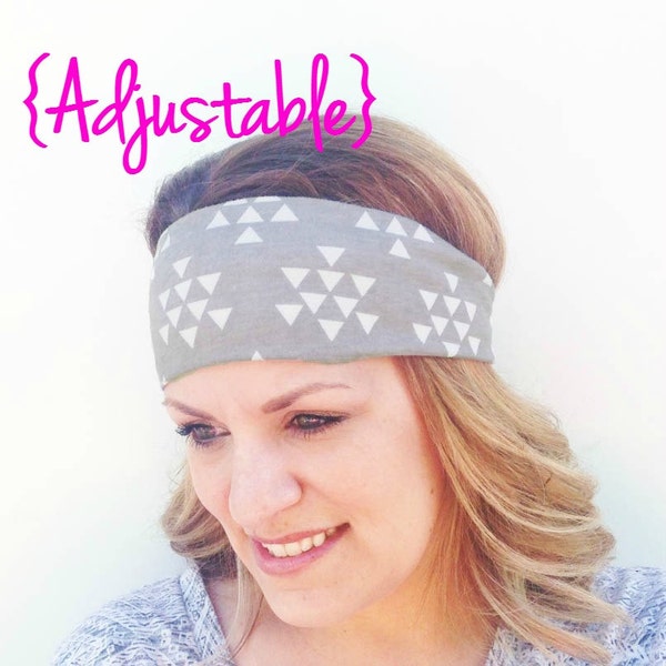 Performance Headband for Fitness. Runner Gift. Adjustable Women's Boho Wide Headwrap // Grey Triangles